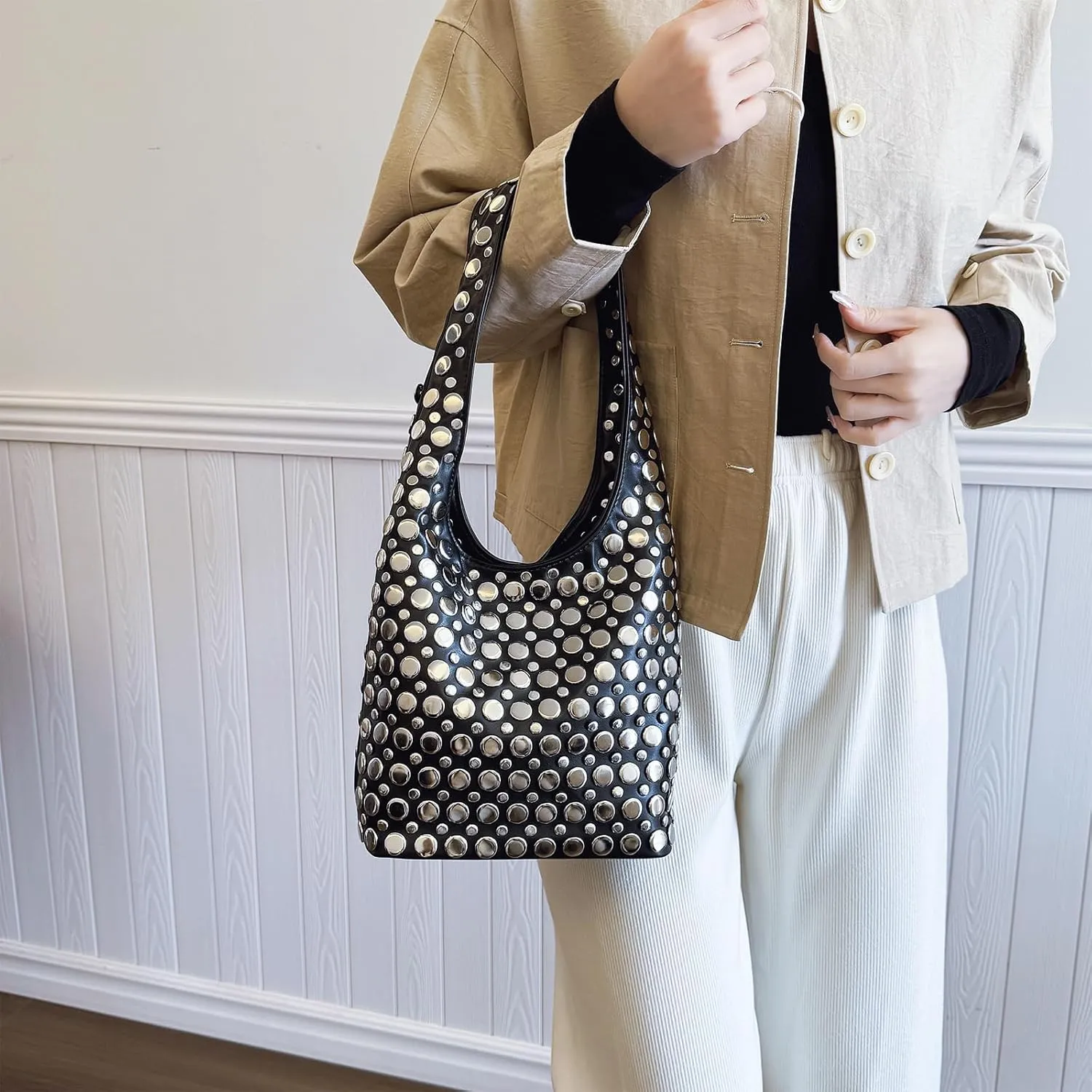 Studded Purses Y2K 90s Hobo Bags Trendy Shoulder Punk Handbag Soft Faux Leather Underarm Satchels Tote Handbag