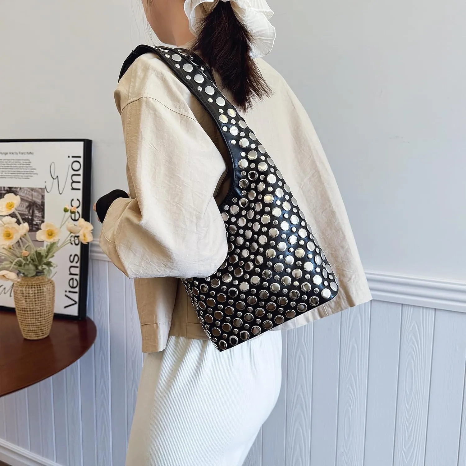 Studded Purses Y2K 90s Hobo Bags Trendy Shoulder Punk Handbag Soft Faux Leather Underarm Satchels Tote Handbag