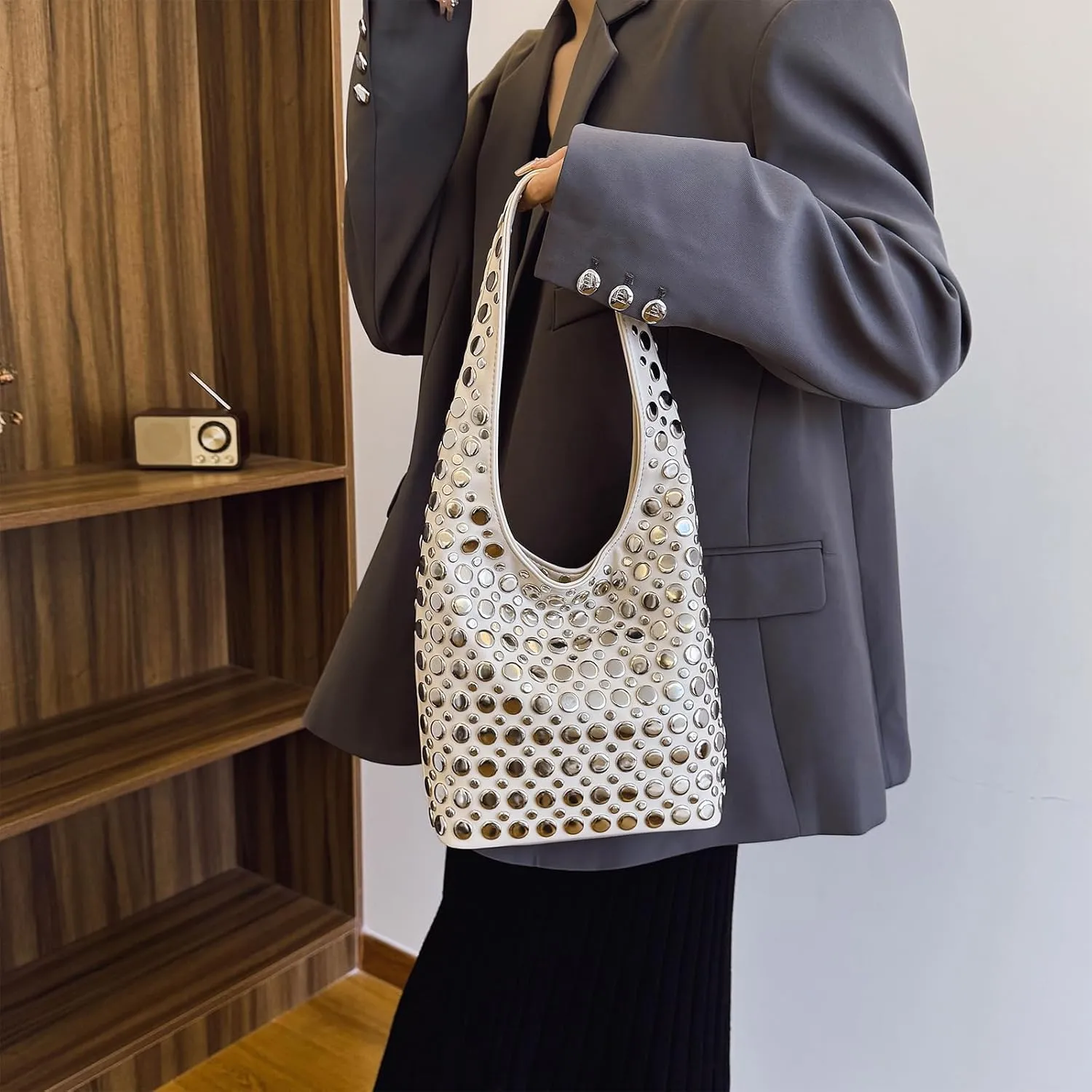 Studded Purses Y2K 90s Hobo Bags Trendy Shoulder Punk Handbag Soft Faux Leather Underarm Satchels Tote Handbag