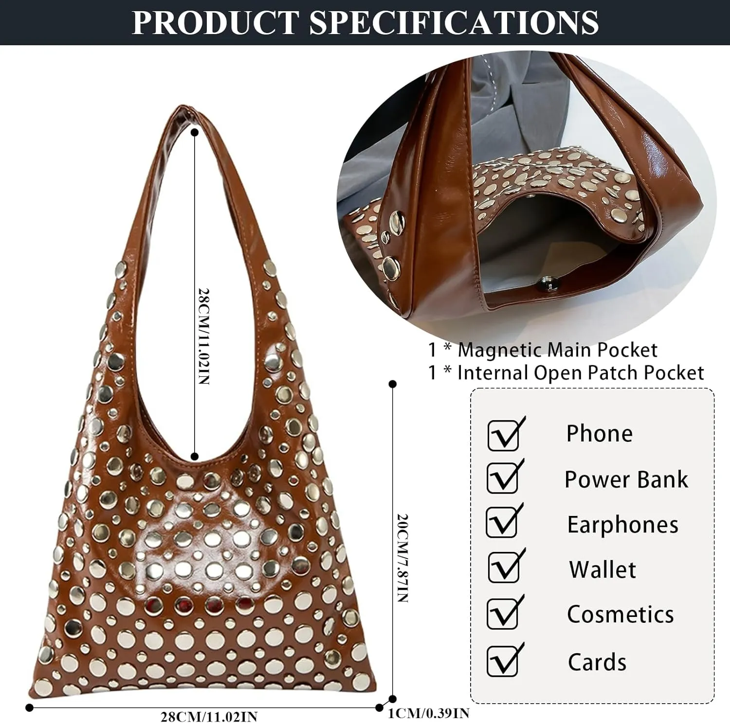 Studded Purses Y2K 90s Hobo Bags Trendy Shoulder Punk Handbag Soft Faux Leather Underarm Satchels Tote Handbags