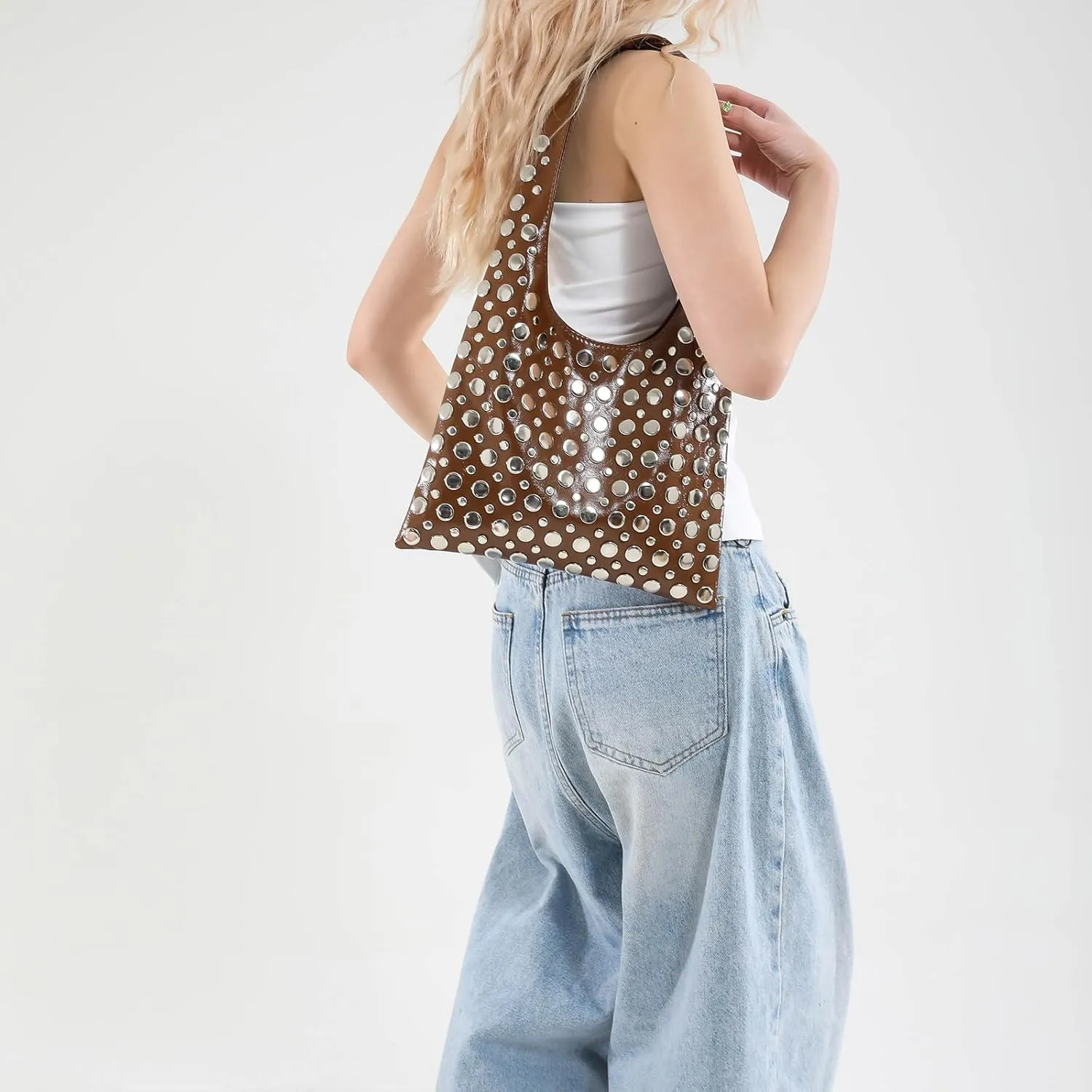 Studded Purses Y2K 90s Hobo Bags Trendy Shoulder Punk Handbag Soft Faux Leather Underarm Satchels Tote Handbags