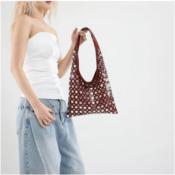Studded Shoulder Bag for Women PU Leather Tote Bag Rivet Hobo Handbag Retro Underarm Satchels Purse