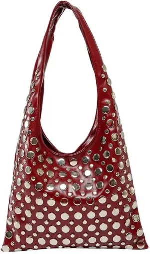 Studded Shoulder Bag for Women PU Leather Tote Bag Rivet Hobo Handbag Retro Underarm Satchels Purse
