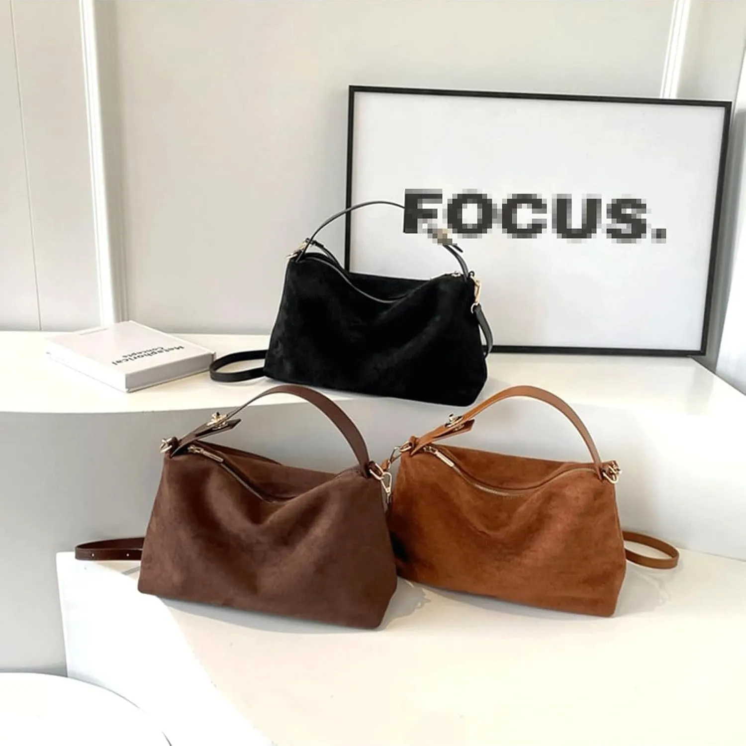 Suede Tote Bag for Women Slouchy Hobo Crossbody Handbag Vintage Top Handle Crescent Satchels Shoulder Bag