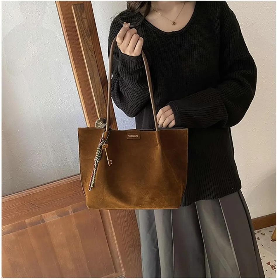 Suede Tote Bag for Women Trendy Large Underarm Shoulder Bag Satchels Suede Tote Handbag Work Travel Purse