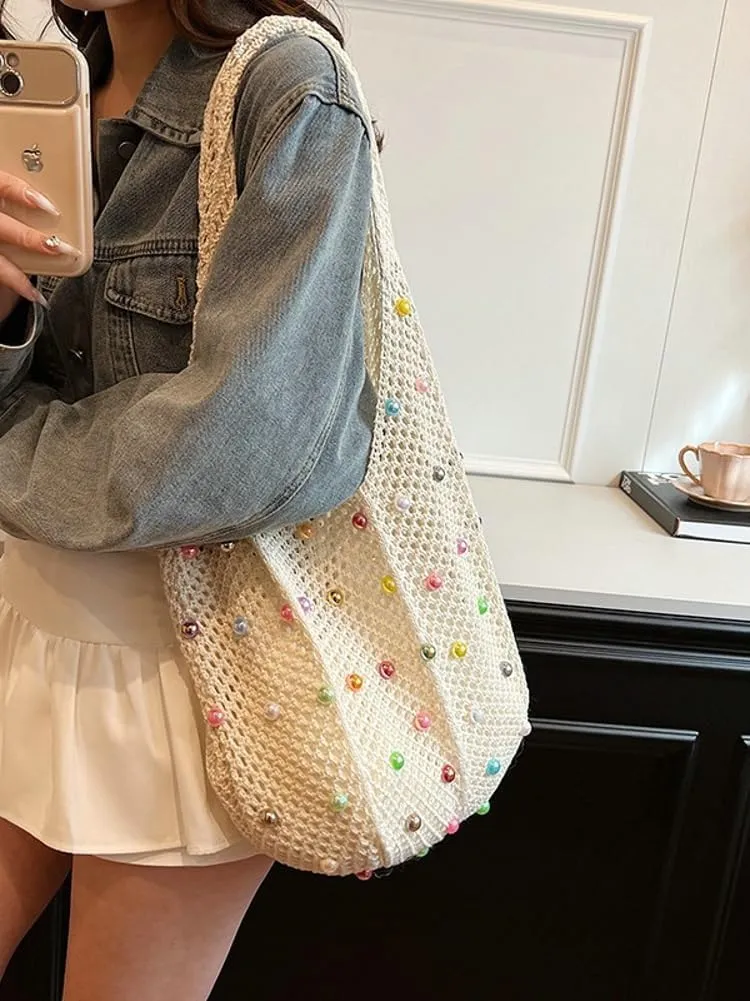Summer Woven Tote Handbags for Women Boho Beach Bag Hollow Straw Shoulder Purse Ladies Satchels for Travel