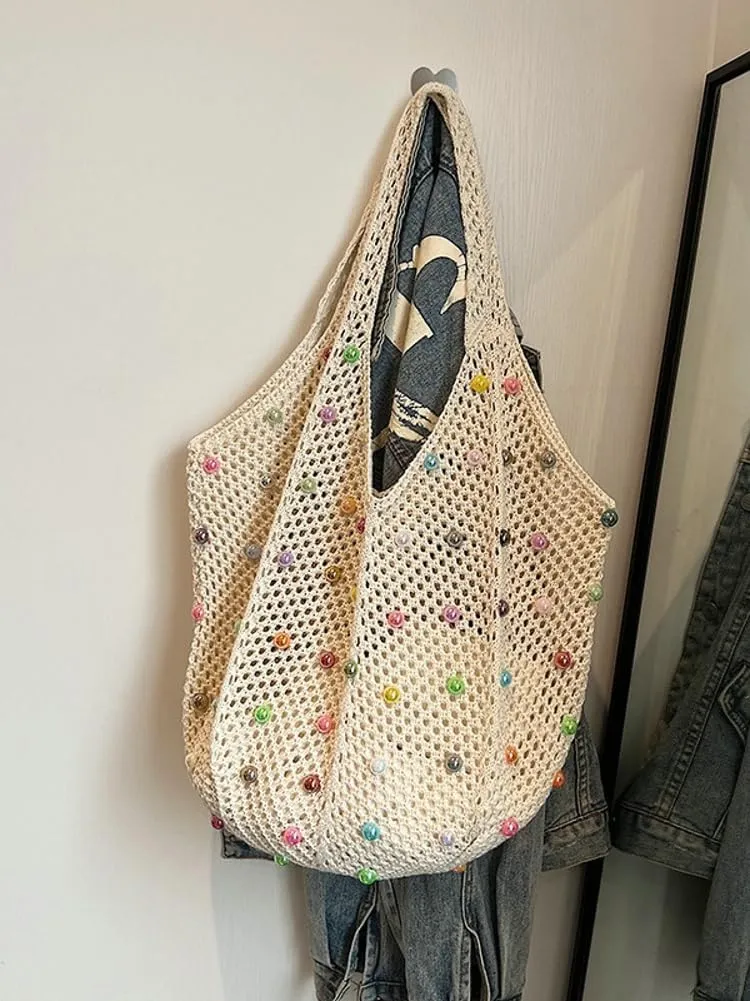 Summer Woven Tote Handbags for Women Boho Beach Bag Hollow Straw Shoulder Purse Ladies Satchels for Travel