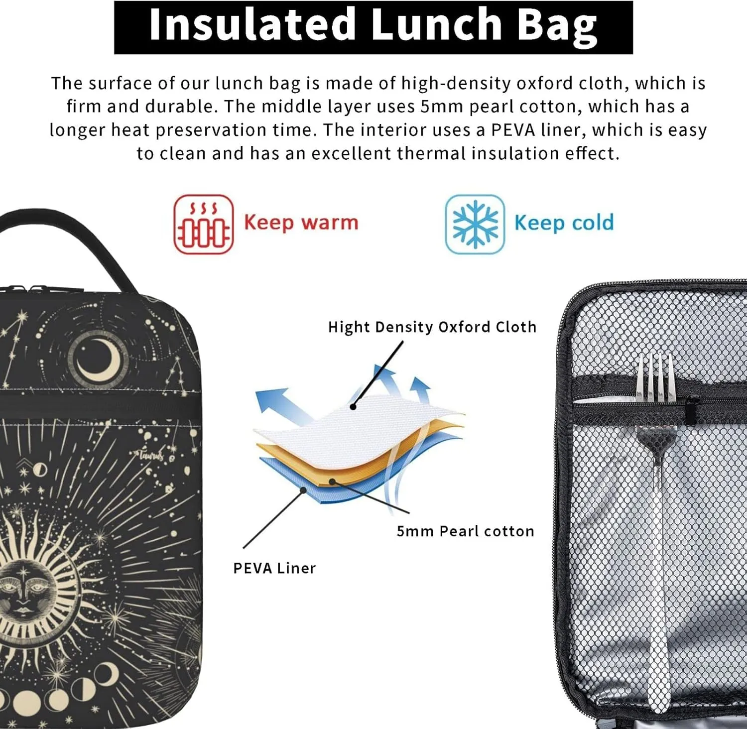 Sun and Moon Mystic Goth Witchy Lunch Box Reusable Insulated Totes Lunch Bag Thermal Cooler For Boy Girls School Men Women Beach Picnic Travel