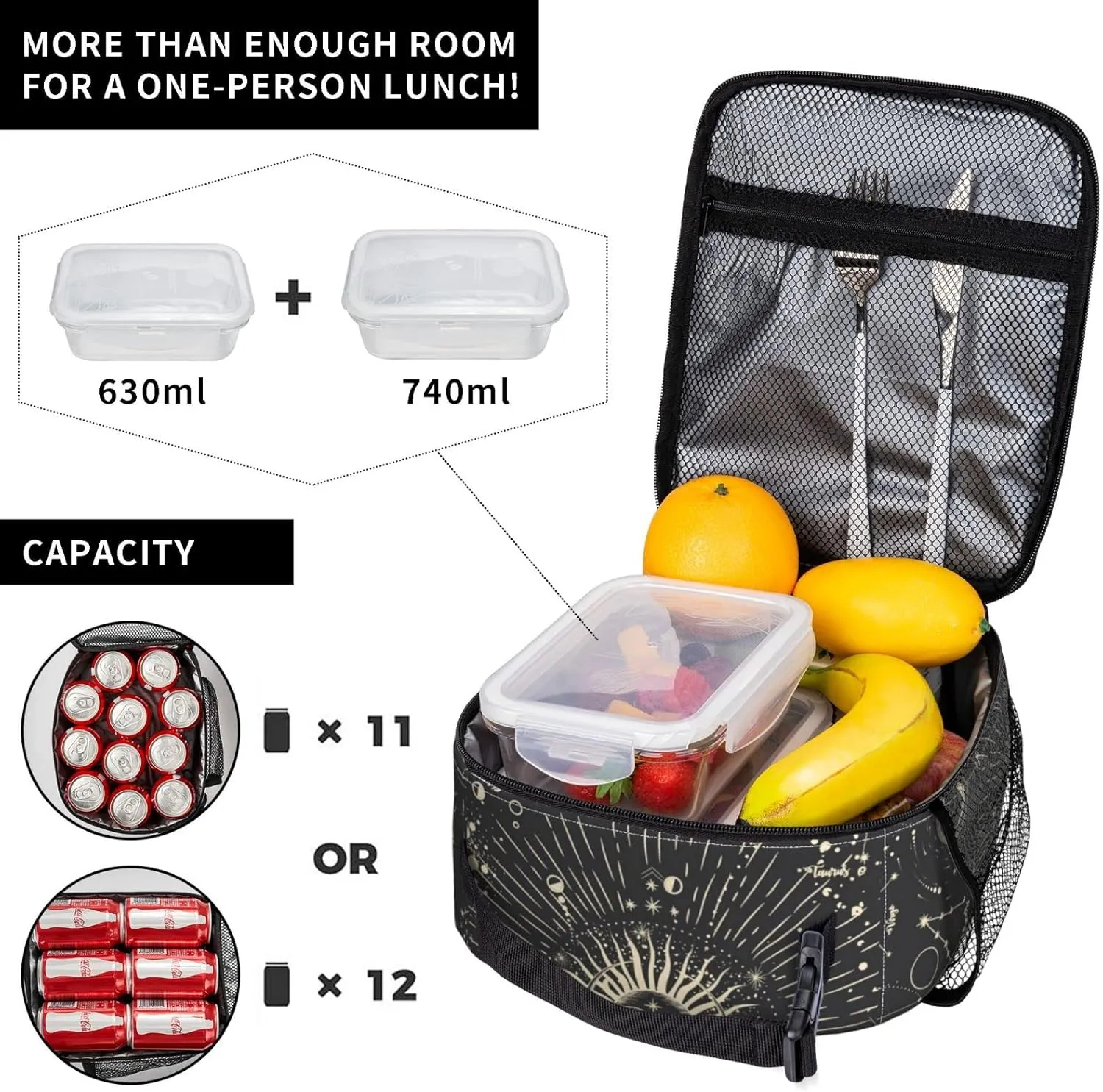 Sun and Moon Mystic Goth Witchy Lunch Box Reusable Insulated Totes Lunch Bag Thermal Cooler For Boy Girls School Men Women Beach Picnic Travel