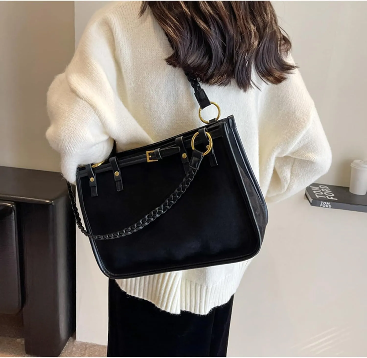 Top Handle Soft Leather Handbags for Women Vintage Casual Crossbody Shoulder Bag Fashion Elegant Tote Bag, Black, 9
