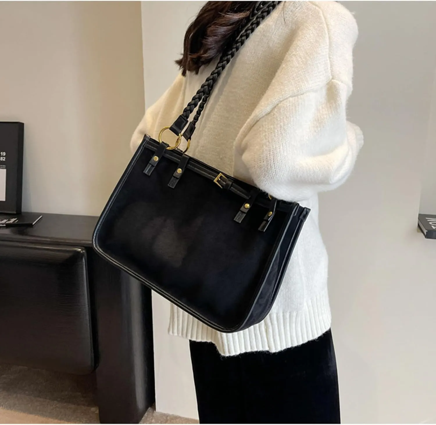 Top Handle Soft Leather Handbags for Women Vintage Casual Crossbody Shoulder Bag Fashion Elegant Tote Bag, Black, 9