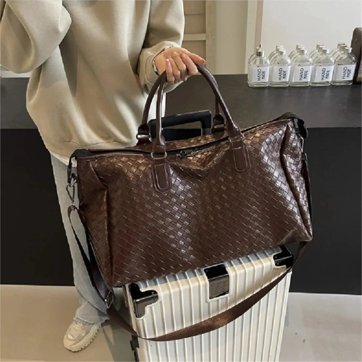 Travel Bag Men Women's Fashion Weaving Pu Leather Totes Large Capacity Shoulder Bags Business Casual Handbag