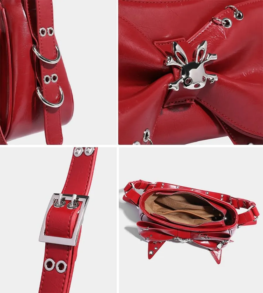 Trendy Bow Crossbody Purses for Women Vegan Leather Small Y2k Rivet Shoulder Tote Bag Satchels Punk Handbags