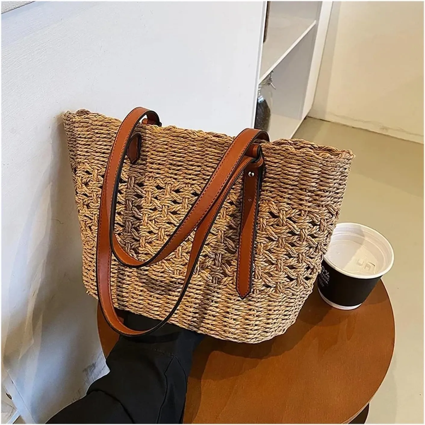 Trendy Straw Weave Bag For Women Summer Female Handbags Shoulder Bag Simple Shopping Totes Casual Vacation Beach Bag(Light Brown)