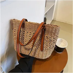 Trendy Straw Weave Bag For Women Summer Female Handbags Shoulder Bag Simple Shopping Totes Casual Vacation Beach Bag(Light Brown)