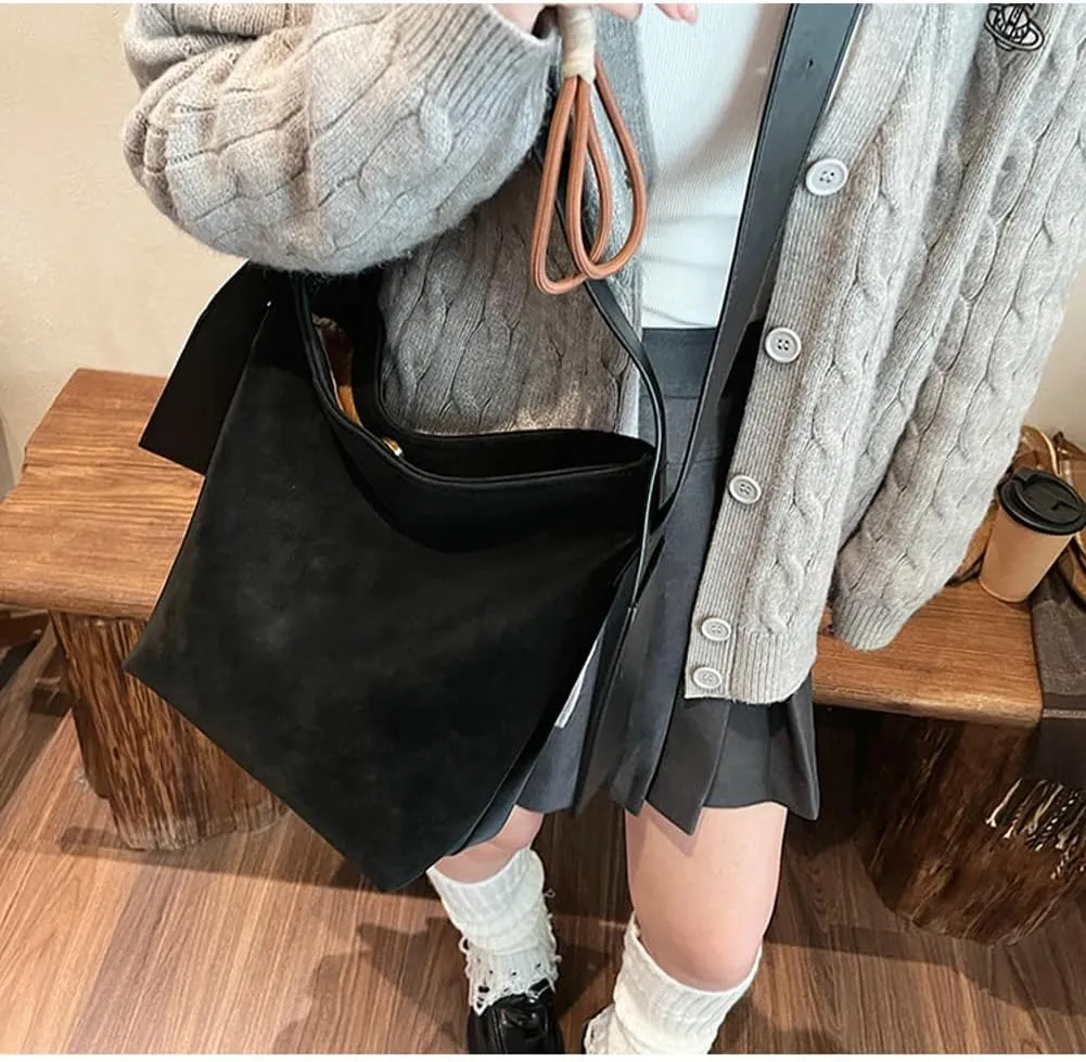 Trendy Suede Bucket Bag Women Hobo Bags Crescent Shoulder Bag Crossbody Purse Slouchy Satchels Bag Mini Tote Handbag 2024