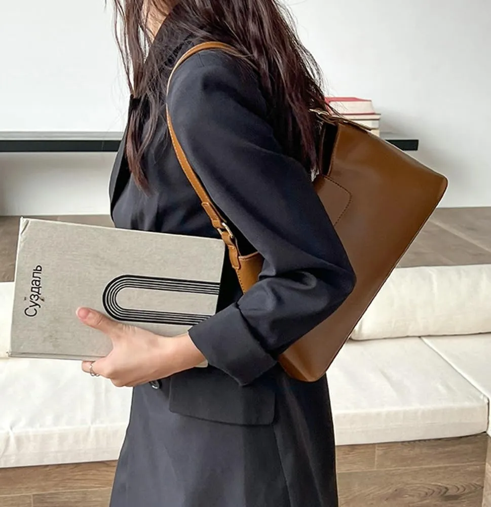 Trendy Vegan Leather Shoulder Tote Bag for Women Y2k Large Working Handbags Casual Ladies Top Handle Satchels