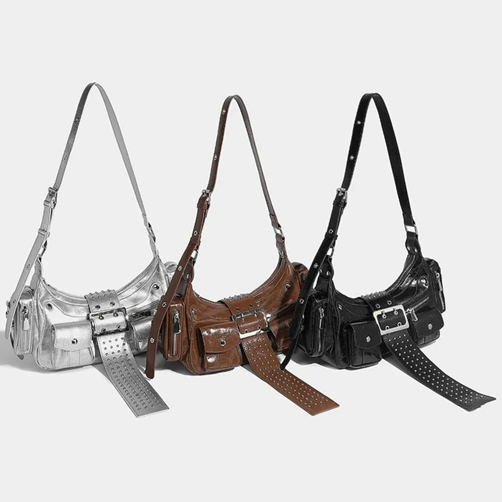 Trendy Y2k Rivet Crossbody Purses for Women Vegan Leather Small Shoulder Tote Bag Satchels Buckle Punk Handbags