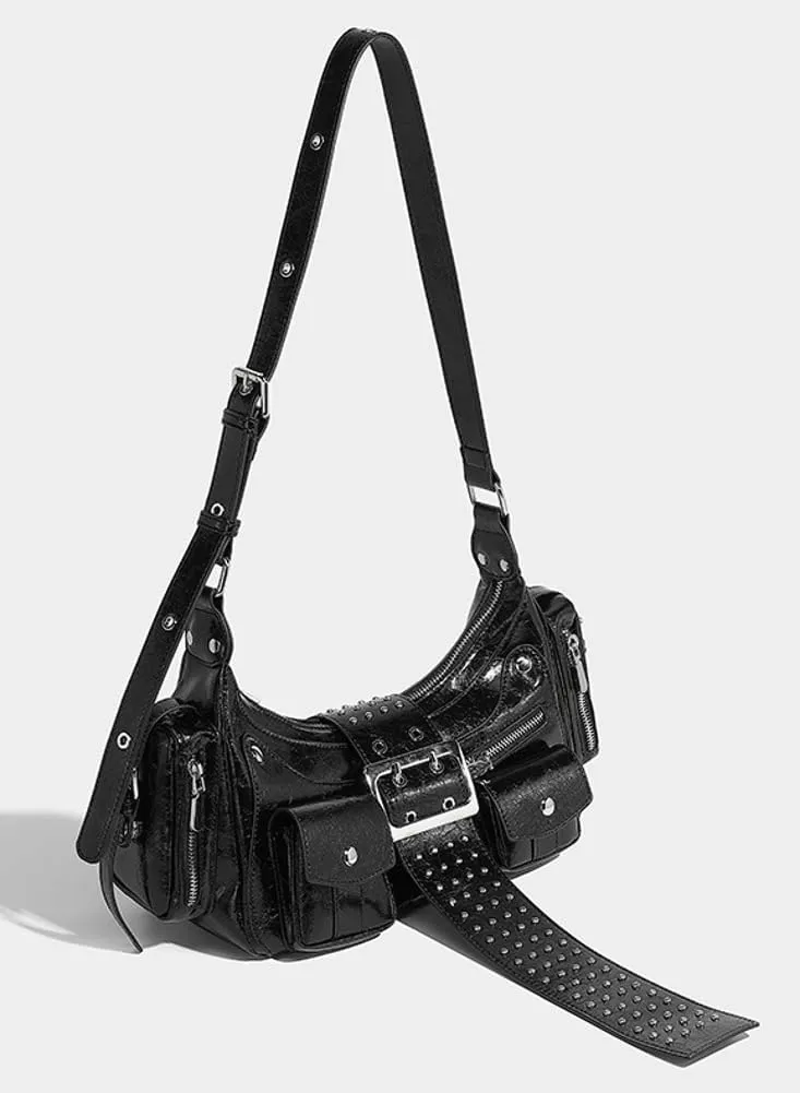 Trendy Y2k Rivet Crossbody Purses for Women Vegan Leather Small Shoulder Tote Bag Satchels Buckle Punk Handbags
