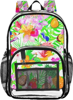 Tropical Fruits Flowers Spring Travel Clear Bags for Women Girls Backpack for Kids Large Plastic Approved Bag