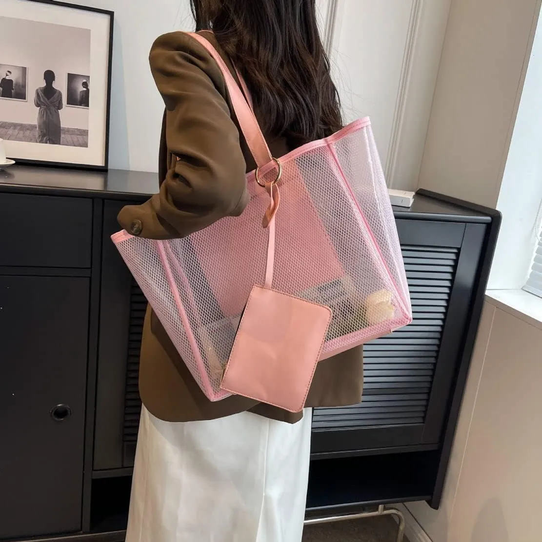 Ulalaza Large Candy Polka Color Clear Shoulder Bag 2 IN 1 Beach Totes Transparent Handbags With Interior Pocket For Women