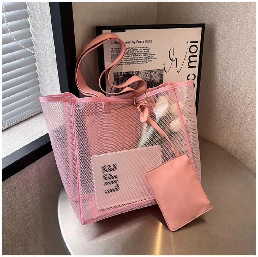 Ulalaza Large Candy Polka Color Clear Shoulder Bag 2 IN 1 Beach Totes Transparent Handbags With Interior Pocket For Women