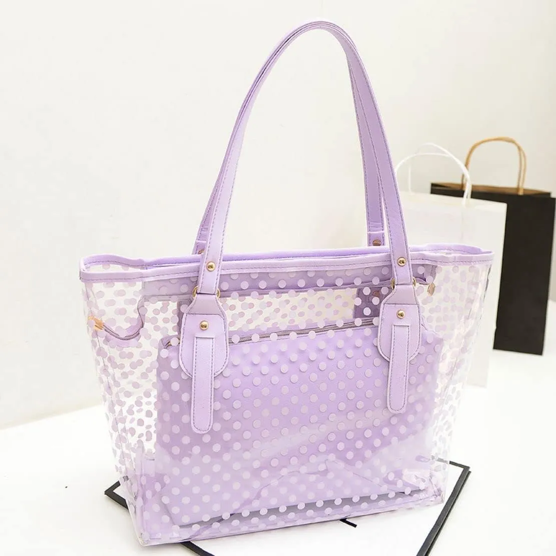 Ulalaza Large Candy Polka Color Clear Shoulder Bag 2 IN 1 Beach Totes Transparent Handbags With Interior Pocket For Women