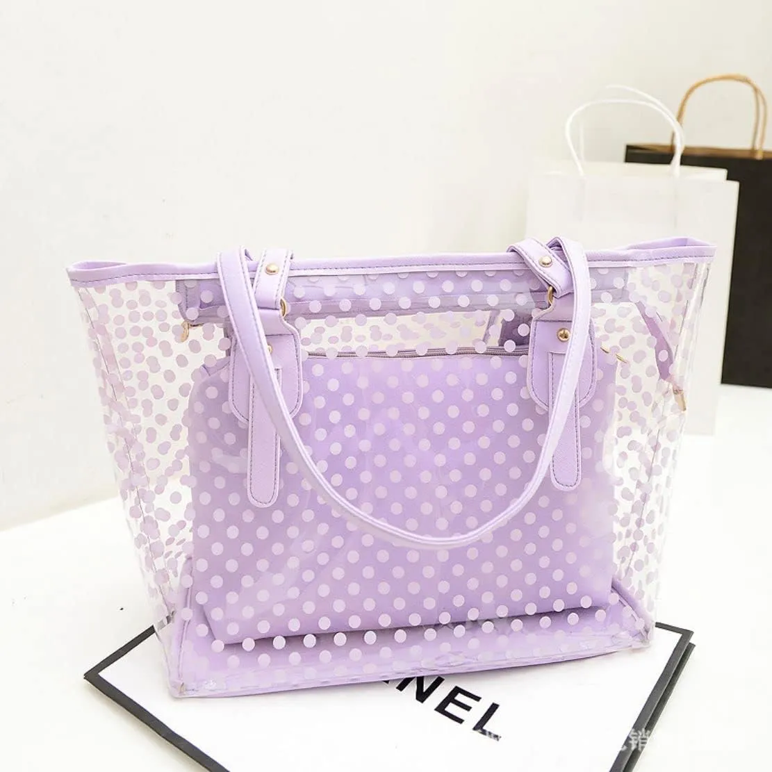 Ulalaza Large Candy Polka Color Clear Shoulder Bag 2 IN 1 Beach Totes Transparent Handbags With Interior Pocket For Women