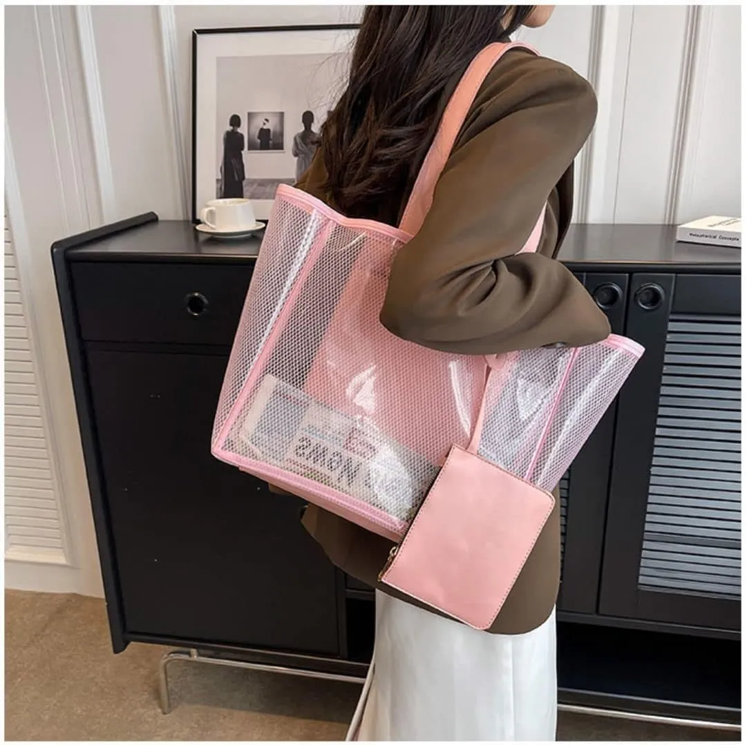 Ulalaza Large Candy Polka Color Clear Shoulder Bag 2 IN 1 Beach Totes Transparent Handbags With Interior Pocket For Women