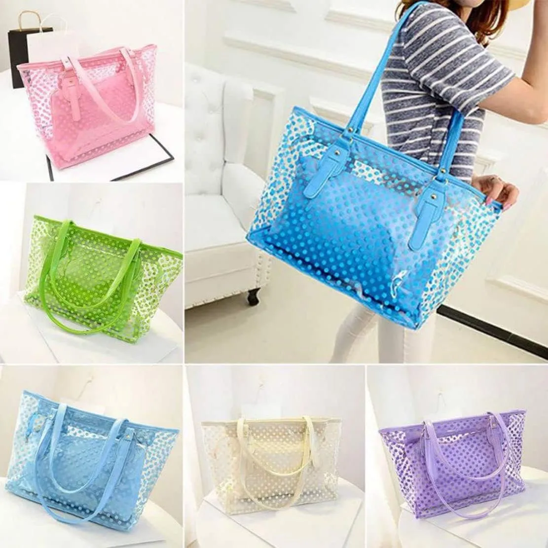 Ulalaza Large Candy Polka Color Clear Shoulder Bag 2 IN 1 Beach Totes Transparent Handbags With Interior Pocket For Women
