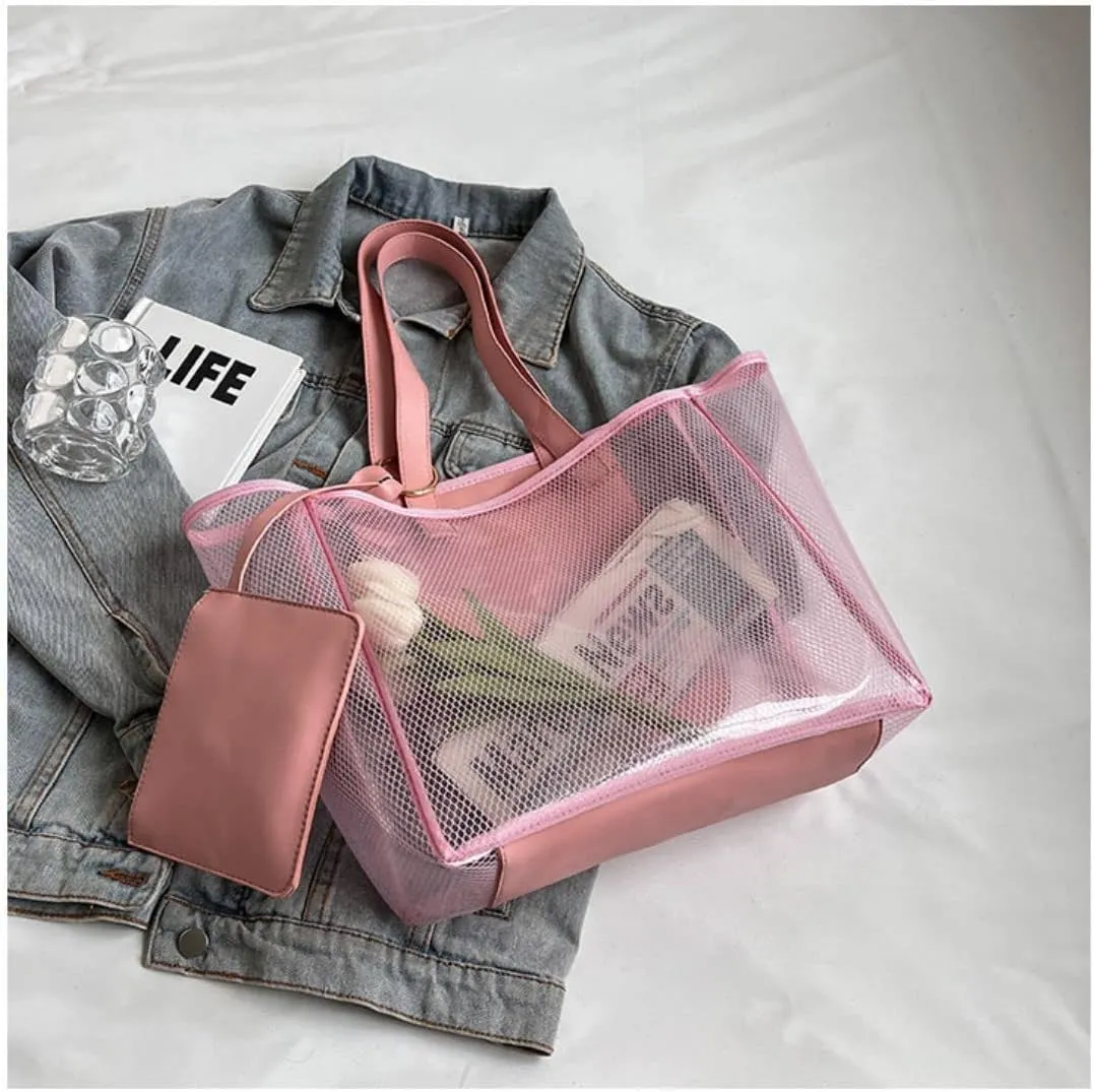 Ulalaza Large Candy Polka Color Clear Shoulder Bag 2 IN 1 Beach Totes Transparent Handbags With Interior Pocket For Women