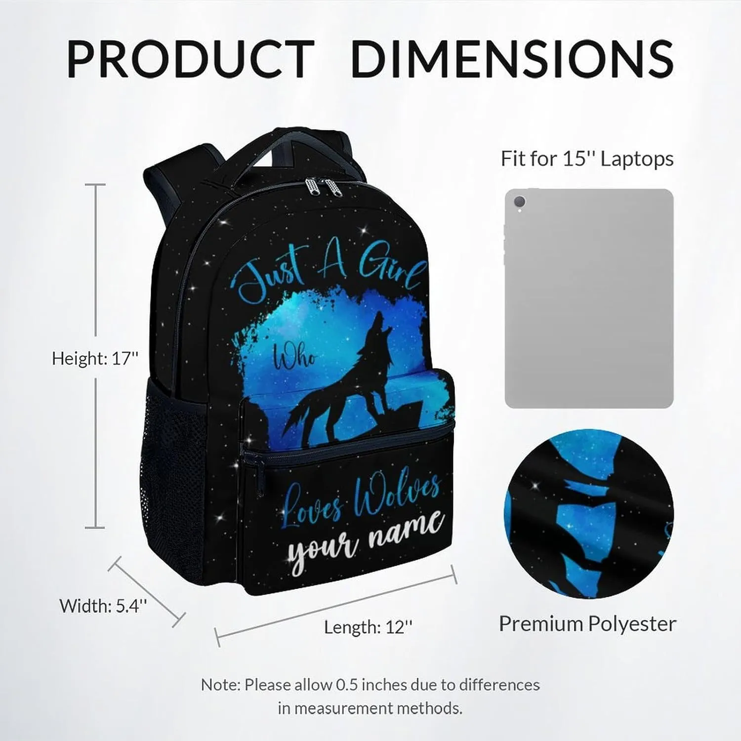 UNIKITTY Custom School Backpack for Girls, Wolf Backpack with Adjustable Straps, Elementary Bookbag Large Capacity Durable, 17" Black Cute Kids Travel Backpacks