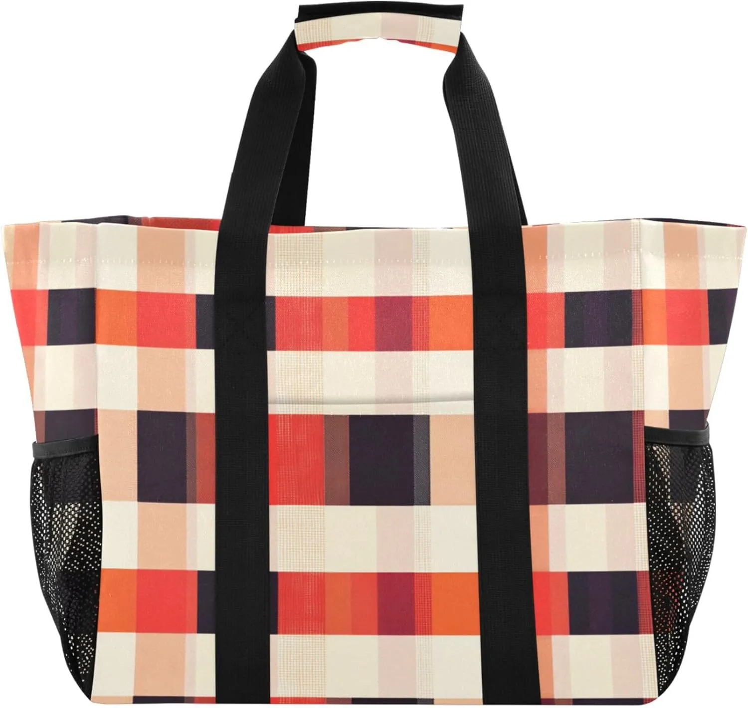 Utility Bag For Trunk Foldable Beach Bag Tote Sandproof with Handles Car Totes Buffalo Plaid Check Red Orange Succulent