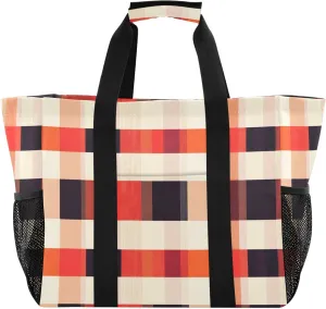Utility Bag For Trunk Foldable Beach Bag Tote Sandproof with Handles Car Totes Buffalo Plaid Check Red Orange Succulent