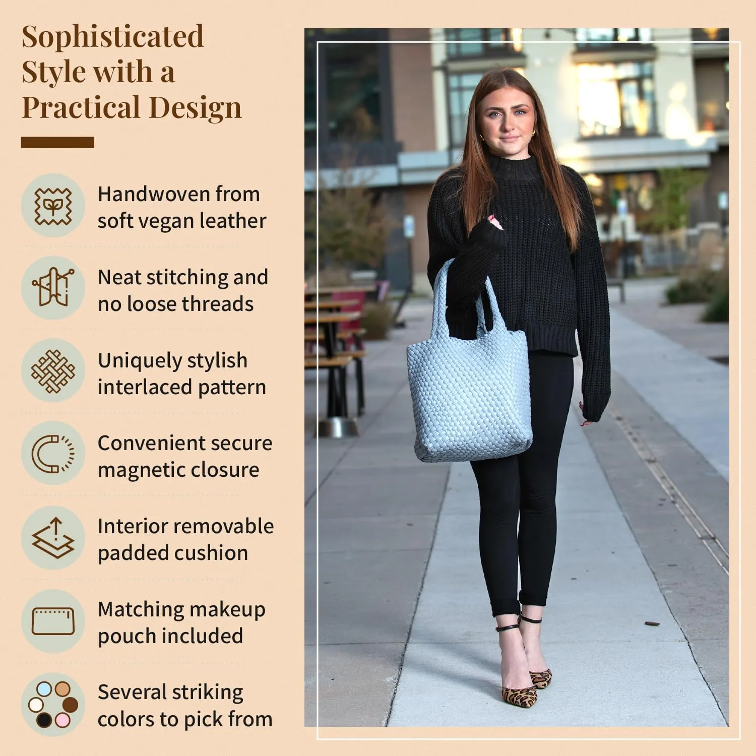 Vegan Leather Hand Woven Tote Bag for Women with Matching Purse Pouch