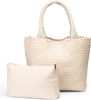 Vegan Leather Hand Woven Tote Bag for Women with Matching Purse Pouch