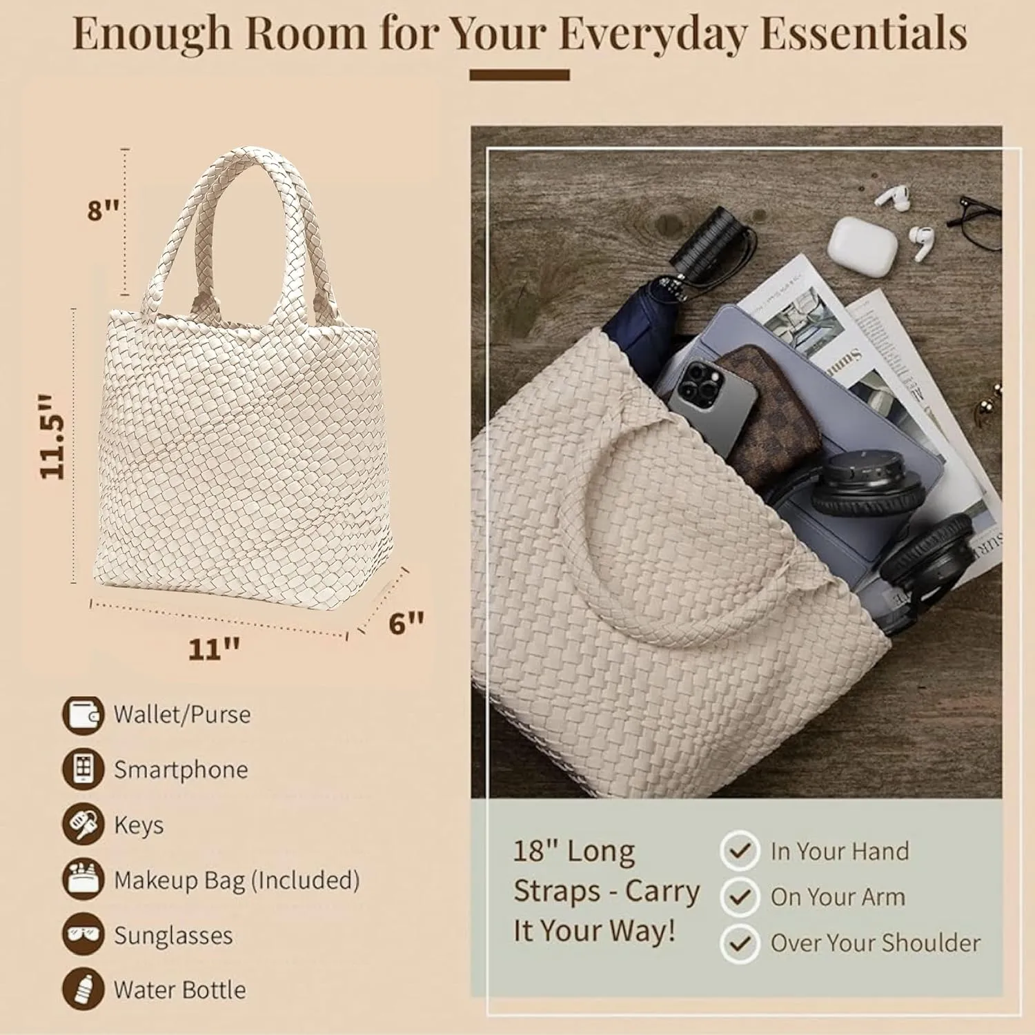 Vegan Leather Hand Woven Tote Bag for Women with Matching Purse Pouch