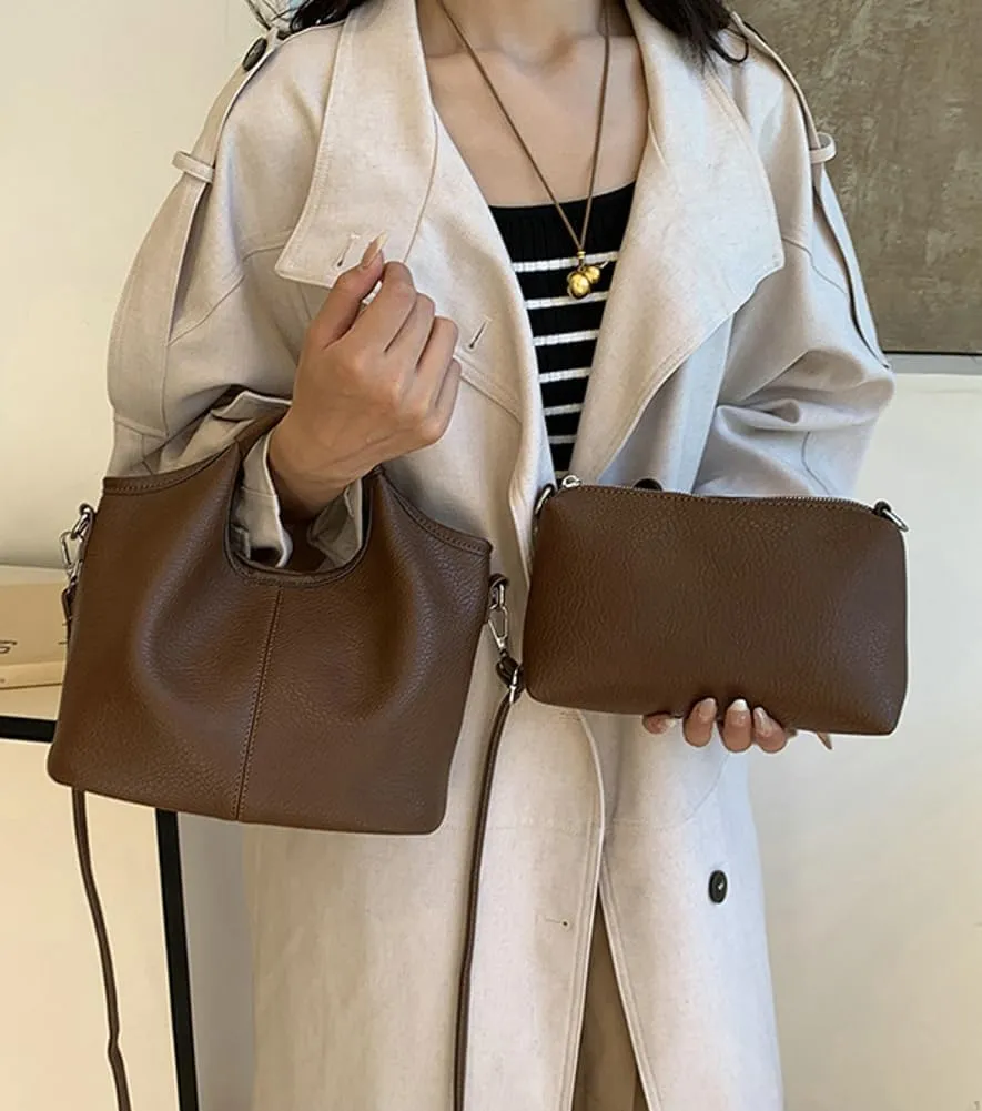 Vintage Vegan Leather Shoulder Crossbody Bag for Women Small Bucket Tote Satchels Purse Travel Work Handbag 2pcs