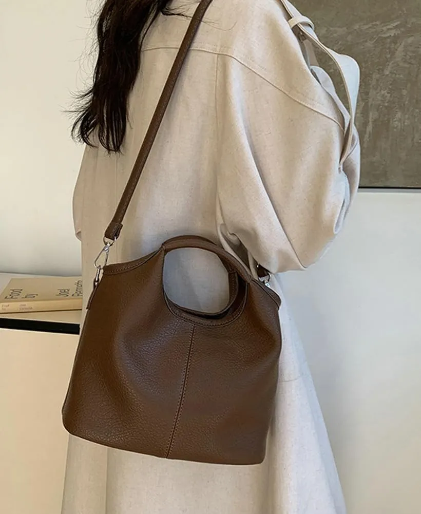 Vintage Vegan Leather Shoulder Crossbody Bag for Women Small Bucket Tote Satchels Purse Travel Work Handbag 2pcs