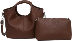 Vintage Vegan Leather Shoulder Crossbody Bag for Women Small Bucket Tote Satchels Purse Travel Work Handbag 2pcs