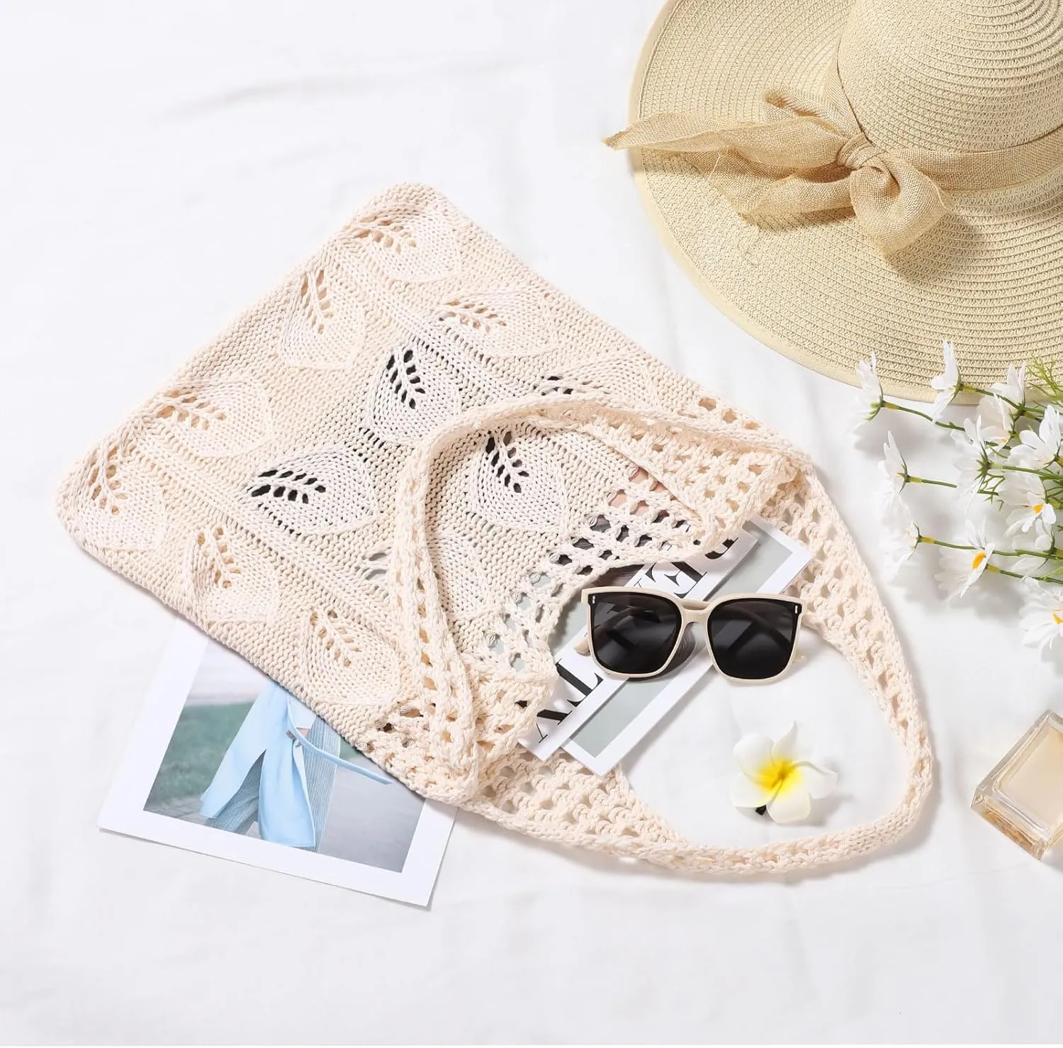 WantGor Crochet Bags, Beach Mesh Tote Bag Womens Shoulder Shopping Handbag Casual Travel Totes Bag Foldable Hobo Bags