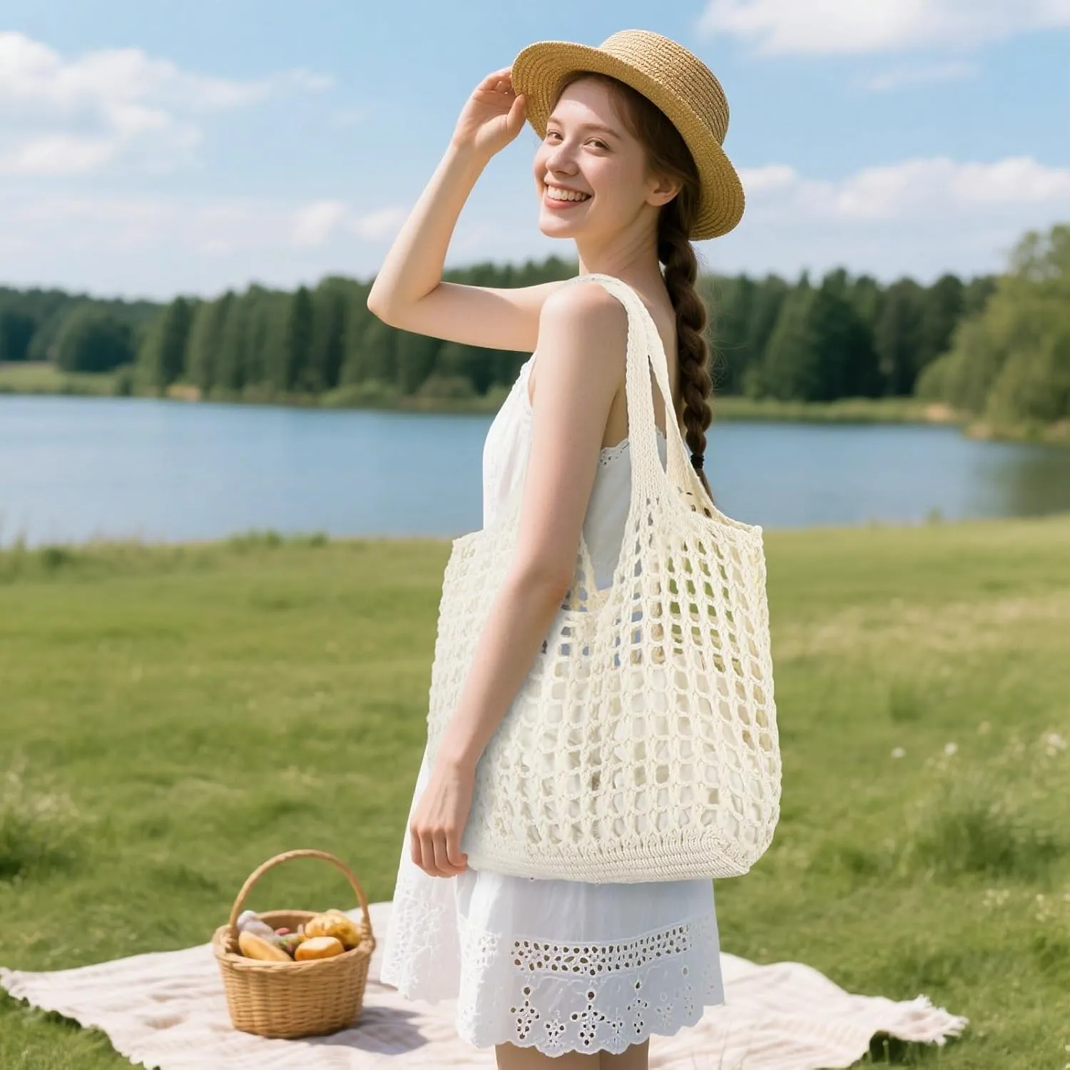 WantGor Crochet Bags, Beach Mesh Tote Bag Womens Shoulder Shopping Handbag Casual Travel Totes Bag Foldable Hobo Bags