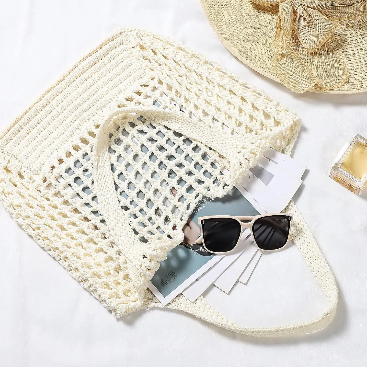 WantGor Crochet Bags, Beach Mesh Tote Bag Womens Shoulder Shopping Handbag Casual Travel Totes Bag Foldable Hobo Bags