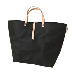Washable Kraft Paper TOTE BAG with Closure BLACK color Large size natural leather handles