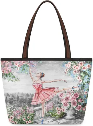 Watercolor Flower Dancing Tote Bag Multi Pocket Zippered Beach Bag Lightweight Waterproof Handbag