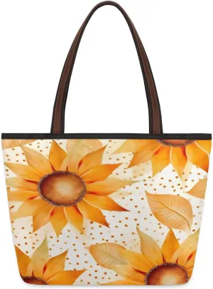Watercolor Sunflowers Tote Bag Multi Pocket Zippered Beach Bag Lightweight Waterproof Handbag