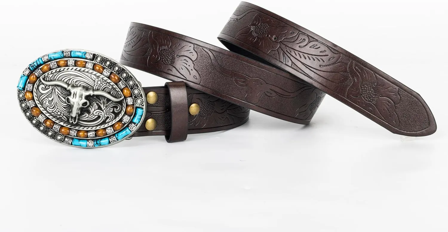Western Cowboy-Belts for Women Big-Buckle Longhorn-Bull PU-Leather Rodeo Cowgirl-Belt Engraved Floral - Waist 25-38"