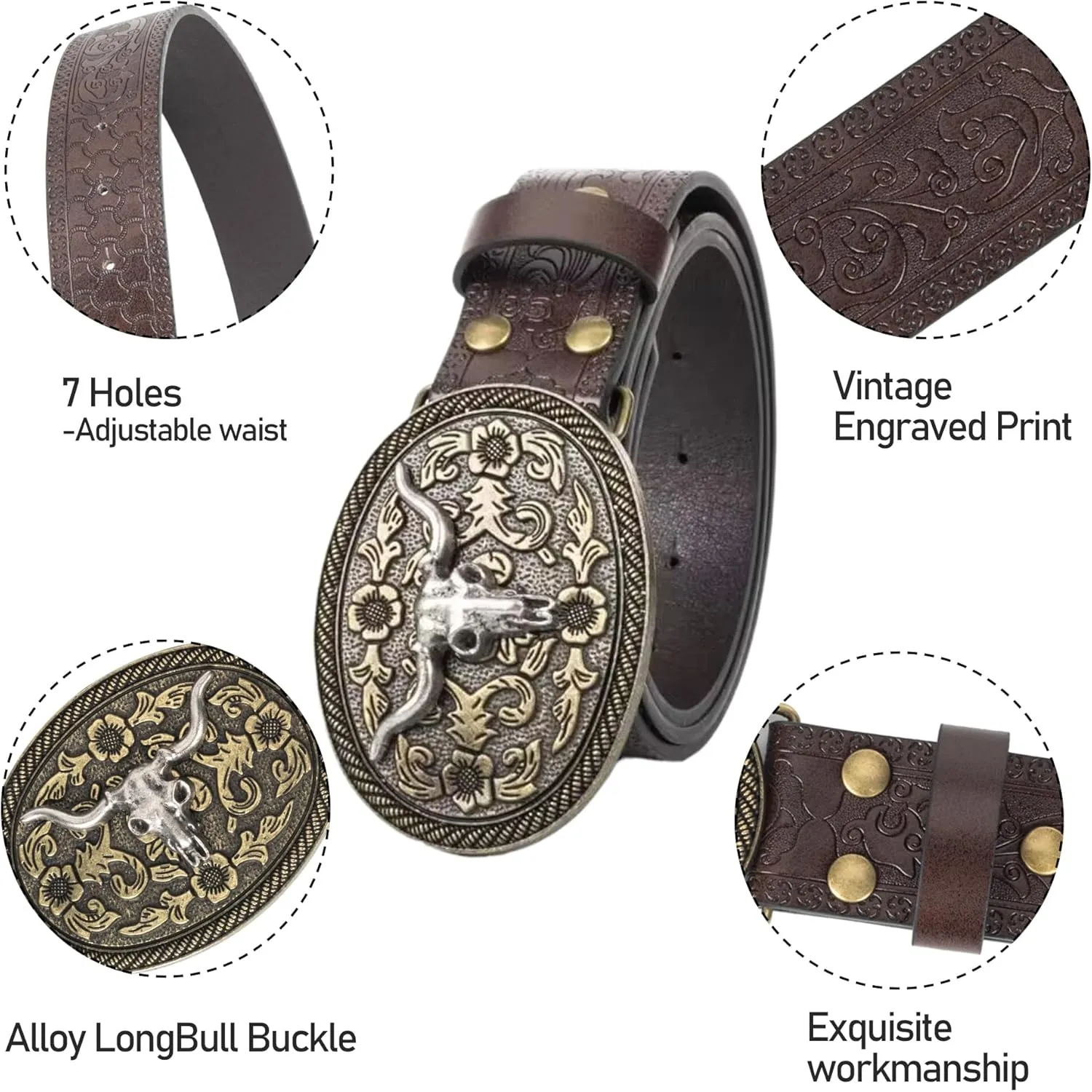 Western Cowboy-Belts for Women Big-Buckle Longhorn-Bull PU-Leather Rodeo Cowgirl-Belt Engraved Floral - Waist 25-38"