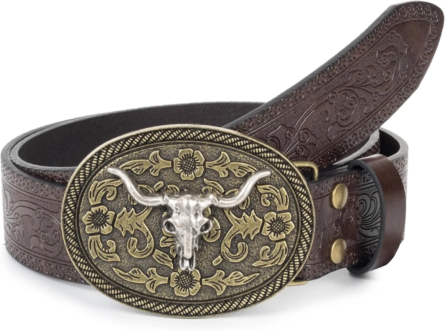 Western Cowboy-Belts for Women Big-Buckle Longhorn-Bull PU-Leather Rodeo Cowgirl-Belt Engraved Floral - Waist 25-38"