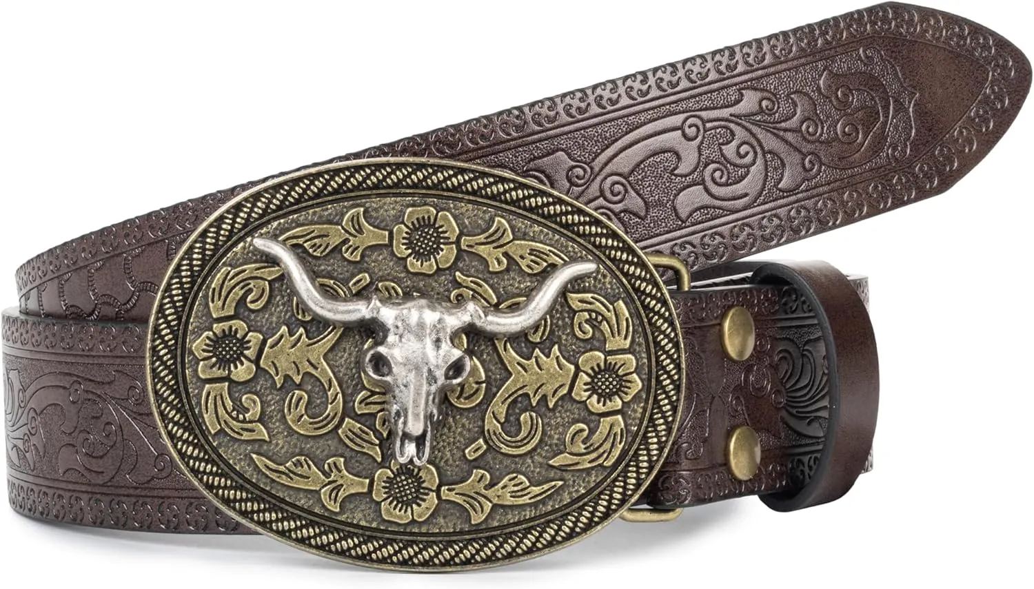 Western Cowboy-Belts for Women Big-Buckle Longhorn-Bull PU-Leather Rodeo Cowgirl-Belt Engraved Floral - Waist 25-38"